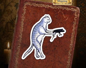 Ships from USA - Medieval Cat Vinyl Die-Cut Sticker - Funny Cat Sticker - Weird Medieval Marginalia Cat
