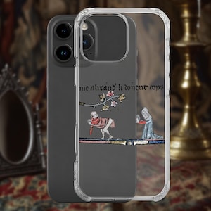 May include: Clear phone case with a medieval illustration. The artwork features figures in robes, floral accents, and text. The case is shown on a dark gray phone.