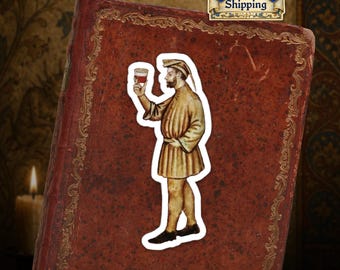 Ships from EU - Medieval Man Drinking Wine Sticker | Funny Medieval Art Vinyl Sticker | Illuminated Manuscript Wine Lover Gift