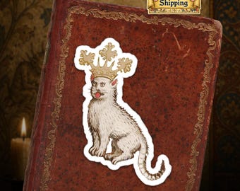 Ships from USA - Medieval Crowned Cat Vinyl Die-Cut Sticker - Funny Royal Animal Cover