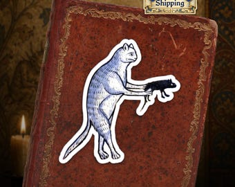 Ships from EU - Medieval Cat Vinyl Kiss-Cut Sticker - Funny Cat Sticker - Weird Medieval Marginalia Cat