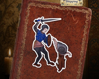 Ships from EU - Medieval Knight vs Snail Sticker - Funny Medieval Marginalia Art - Historical Art Decal - Gothic Manuscript Illustration