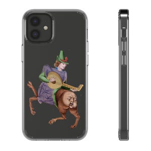 May include: Clear phone case featuring a medieval illustration of a musician playing a lute. The artwork depicts a figure with a human upper body and a creature's lower body, wearing a green hat and purple tunic. The case has a black border.