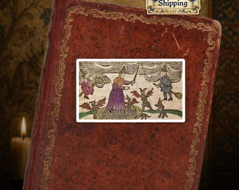 Ships from EU - Flying Witches & Demons Sticker - Vintage Witchcraft Woodcut Art - Gothic Halloween Vinyl Sticker - Dark Academia Aesthetic