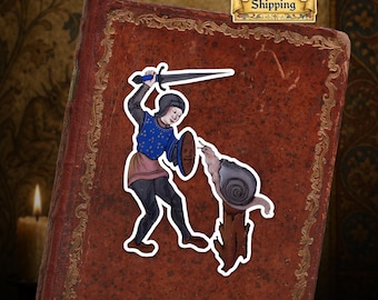 Ships from USA - Medieval Knight vs Snail Sticker - Funny Medieval Marginalia Art - Historical Art Decal - Gothic Manuscript Illustration