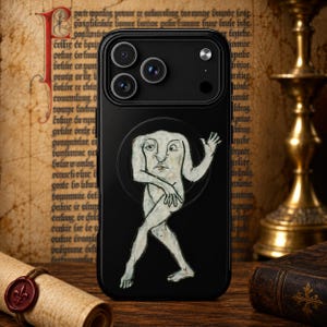 May include: A black smartphone case featuring a centered illustration of a pale, headless humanoid figure with a face on its torso. The figure has one arm raised and one leg forward, depicted in a medieval manuscript style against a solid black background.