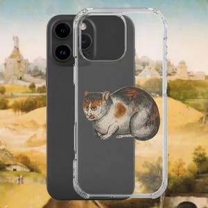May include: A clear phone case featuring a vintage illustration of a cat. The cat is depicted in white, brown, and orange, with a melancholic expression. The phone case is on a black phone.