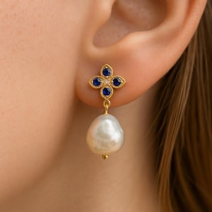 Blue Petal & Pearl Earrings | Peranakan Floral Studs | Birthday Gift | Baroque Pearl Dangle Earrings | Anniversary Jewelry Gift