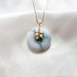Green Jade Donut Necklace with Pearl Vine | Natural Piaohua Jade Pendant | 925 Silver Gold-Plated | Adjustable Minimalist Gift for Her