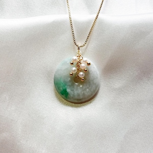Green Jade Donut Necklace with Pearl Vine | Natural Piaohua Jade Pendant | 925 Silver Gold-Plated | Adjustable Minimalist Gift for Her