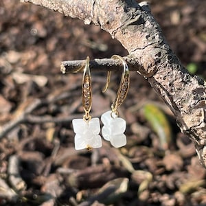 White Jade Peranakan Flower Earrings: Gold Rhinestone Hooks, 925 Silver