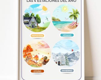 Spanish Seasons Flashcards & Poster: Watercolor Spanish Immersion (Digital Download