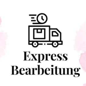 Puede incluir: Gráfico en blanco y negro de un camión de reparto con un icono de reloj, que indica servicio exprés. El texto "Express Bearbeitung" está debajo del camión, sobre un fondo blanco con acentos de acuarela rosa.
