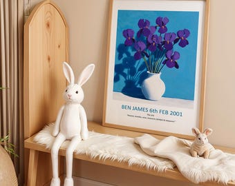 Februar Geburtsblumendruck, personalisierte violette Wandkunst, individuelles Geburtstagsgeschenk für sie, handgemaltes Blumenkunstdruck