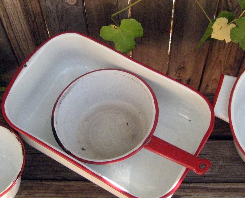 ON SALE Vintage Enamel Cookware Red White Lot Etsy