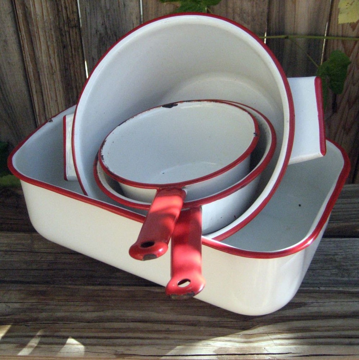 ON SALE Vintage Enamel Cookware Red White Lot Etsy