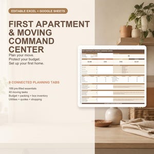 First Apartment Planner Spreadsheet | Moving Checklist, Budget and Home Essentials | Excel & Google Sheets Template