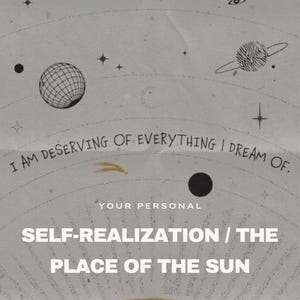 May include: A grey poster with a celestial theme. The design includes planets, stars, and the text "I AM DESERVING OF EVERYTHING I DREAM OF." Additional text reads "YOUR PERSONAL SELF-REALISATION / THE PLACE OF THE SUN."