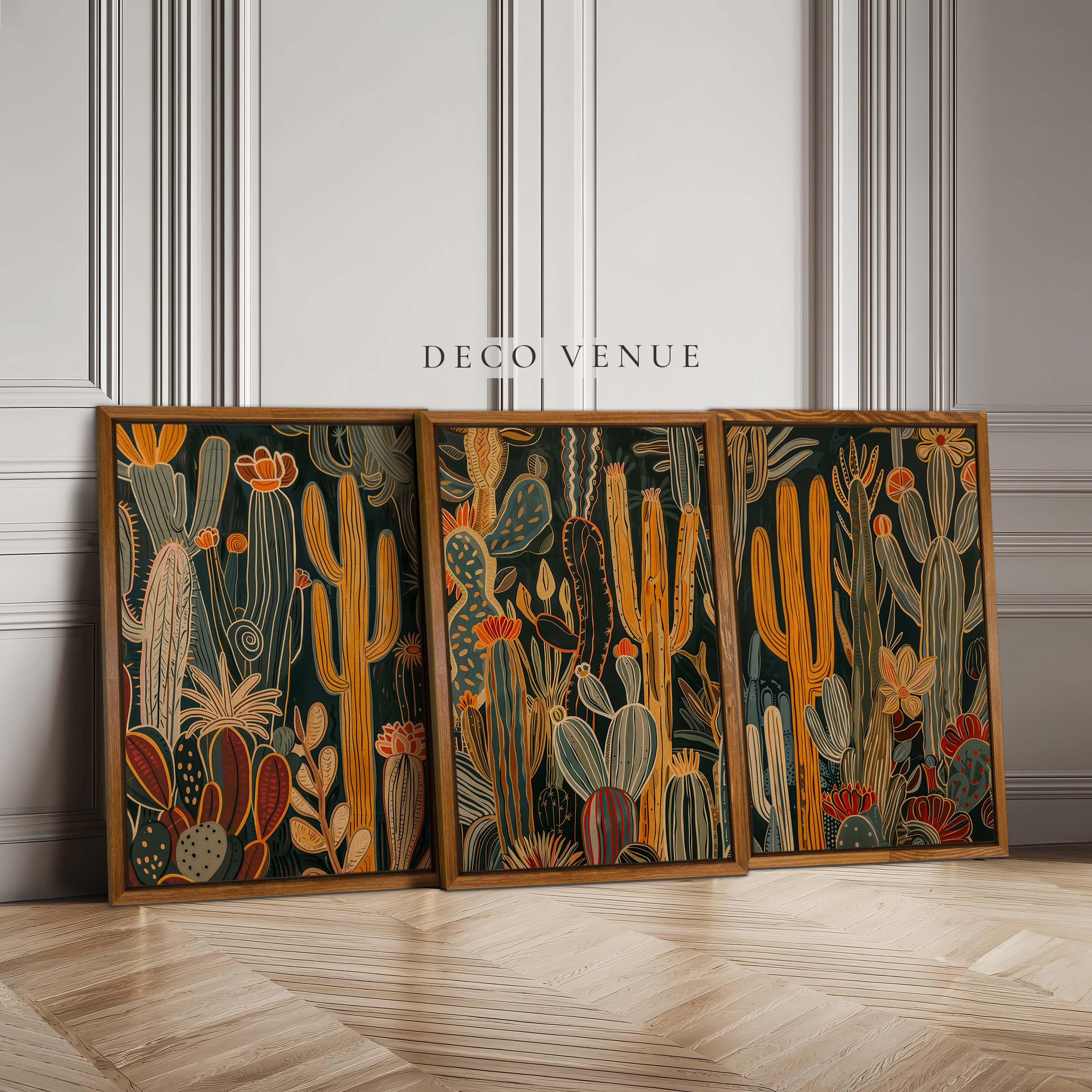 Mexican Cactus Set of 3 Framed Wall Art Prints Floral Botanical Cactus Wall Art Mexican Cactus Poster Texas Arizona Travel Mid Century Decor