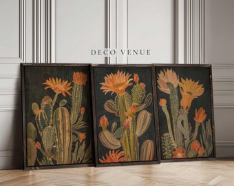 Cactus Mexican 3 Piece Wall Art Print Floral Botanical Wall Decor Vivid Orange Colors Wall Art Framed Texas Arizona Travel Poster Print Set