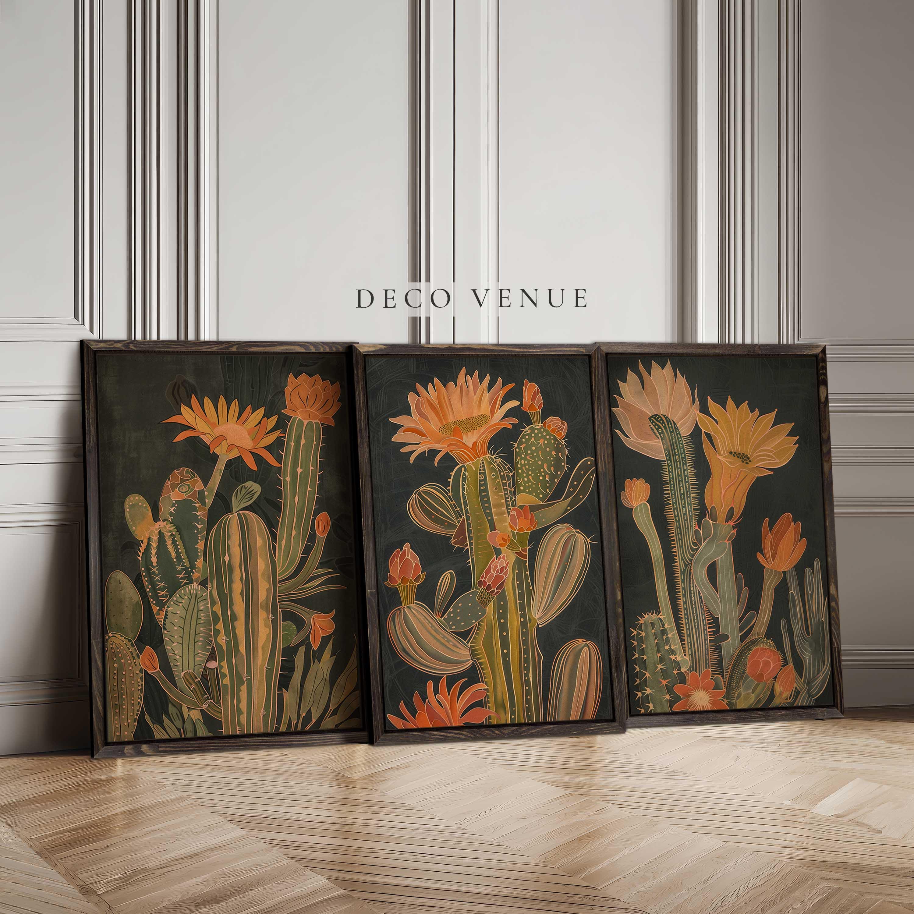 Kaktus Mexikanische 3-teiliges Wand-Kunstdruck Blumen- botanisches Wanddekor Lebendige Orange Farben Wandkunst gerahmt Texas Arizona Reise-Plakat-Druck-Set