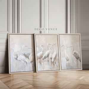 White Herons Minimalist Painting Framed, Herons Abstract Wall Art Prints Set of 3, Large Canvas Wall Art Prints Coastal Living Room Wall Art
