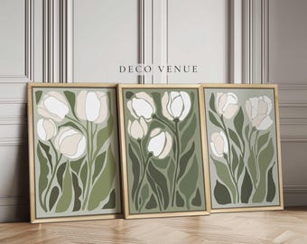 Modern White Tulip Flowers Wall Art Print Framed Minimalist Boho Wall Art Abstract Wildflower Poster Set of 3 Floral Wall Art Matisse Style