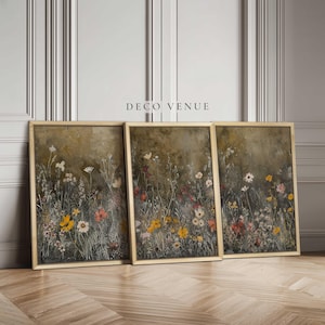 Boho Field Wildflowers 3 Piece Wall Art Framed Floral Meadow Landscape Wall Art Botanical Canvas Painting Wall Decor Vintage Flower Wall Art
