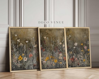 Boho Field Wildflowers 3 Piece Wall Art Framed Floral Meadow Landscape Wall Art Botanical Canvas Painting Wall Decor Vintage Flower Wall Art