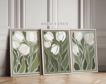 Gerahmte Blumenprints von abstrakten Tulpen im Retro-Stil Kunstdruck 3er-Set Moderne Tulpenblume Minimalistische Wandkunst Boho Sage Grün Weiß Kunst