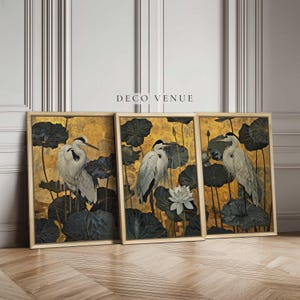 Herons on Lotus Leaves Canvas Wall Art Framed Set of 3 Coastal Birds Wall Art Large Heron Painting Canvas Prints Elegant Nature Wall Decor