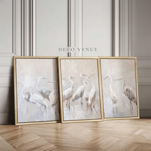 Framed Herons Abstarct Painting Wall Art Modern Minimalist Print Set of 3 Pictures with Frame Large Japanese Bird Art Print Coastal Bedroom