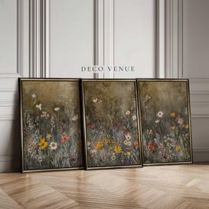 Wildflower Field Wall Art Framed Set 3 Piece Vintage Floral Wall Decor Abstract Botanical Wall Art Boho Modern Farmhouse Landscape Wall Art