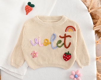Pull prénom bébé tricoté à la main, pull prénom bébé, faire-part de grossesse, cadeau pour baby shower, meilleur cadeau pour bébé fille, cadeau nouveau-né