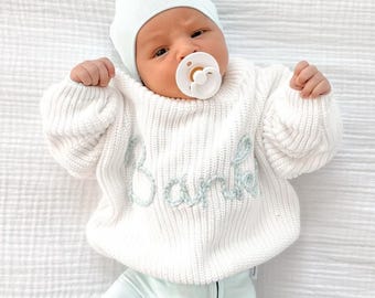 Pull prénom bébé tricoté à la main, pull prénom bébé, faire-part de grossesse, cadeau pour baby shower, meilleur cadeau pour bébé fille, cadeau nouveau-né