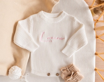 Barboteuse bébé en grosses mailles brodées, barboteuse prénom personnalisée, faire-part de grossesse, meilleur cadeau pour bébé, cadeau nouveau-né pour enfants