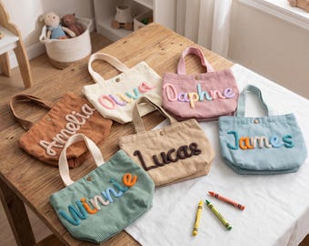 Sac à main fourre-tout prénom personnalisé| Sac à main fourre-tout en velours côtelé| Cadeau personnalisé pour enfants|  Cadeaux baby shower | Cadeau de rentrée | Cadeau d'anniversaire