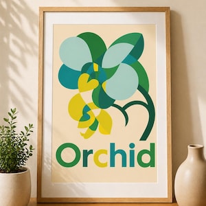 Lámina artística de orquídeas, póster botánico Bauhaus, arte de pared moderno de mediados de siglo, decoración minimalista verde y amarilla, regalo para amantes de las plantas, dormitorio universitario.