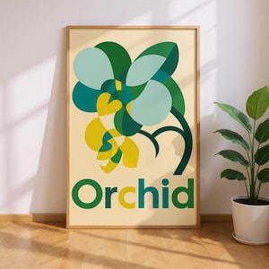 Puede incluir: Un póster enmarcado con una ilustración estilizada de orquídea. La obra de arte presenta una paleta de colores vibrantes de verde, amarillo y turquesa sobre un fondo crema. La palabra "Orchid" está impresa en verde y amarillo en la parte inferior.