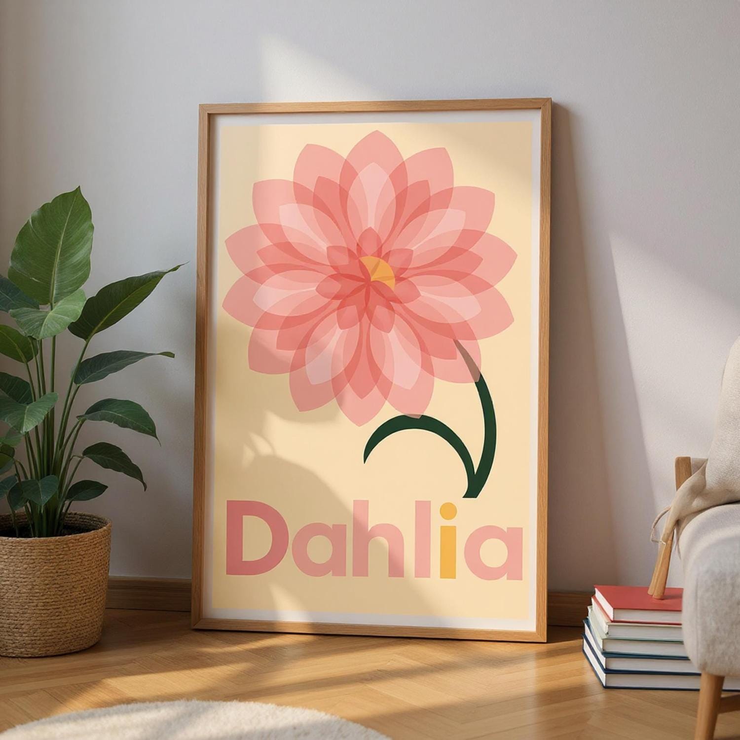 Dahlia Flower Art Print Pink Bauhaus Poster Minimalist Botanical Wall ...