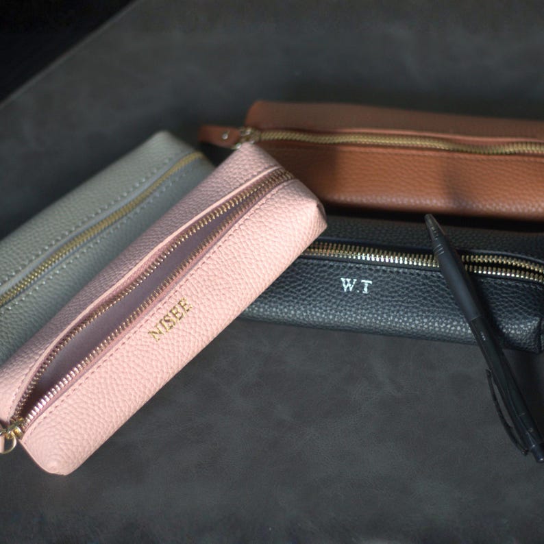 Personalised Leather Pencil Case, Pebble Custom Makeup Case, Embossed Name Initials, Monogrammed Zip Pouch for Stationery Gift for her image 9