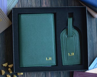 Personalised Passport Cover, Luggage Tag | Leather Travel Set Gift Box | Custom Initials Passport Holder | Travel Gift, Wedding Gift