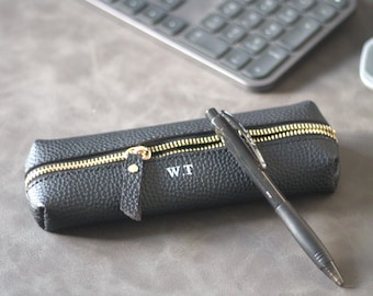 Custom Leather Pencil Case, Pebble Personalised Makeup Case, Embossed Name Initials, Monogrammed Zip Pouch for Stationery Gift for her