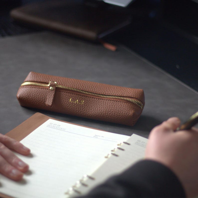 Personalised Leather Pencil Case, Pebble Custom Makeup Case, Embossed Name Initials, Monogrammed Zip Pouch for Stationery Gift for her image 5