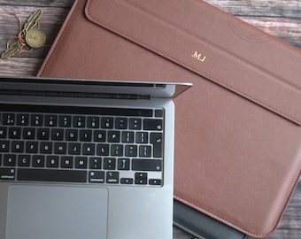 Personalized 15&quot; Laptop Case, Custom Leather 13 inch Laptop Sleeve, Compatible with Macbook, Personalised Laptop Stand Cover, Secure Slim