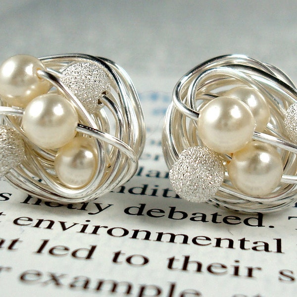 Cream/Star Dust - Mix It Up Series- Swarovski Glass Pearl and Stardust bead Wire Wrapped Stud Earrings