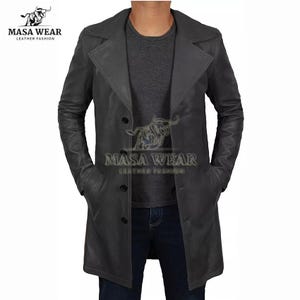 Men&#39;s Genuine Cowhide Leather Trench Jacket Black Button Coat