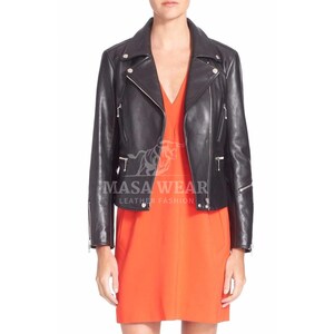 Women Black Genuine Leather Jacket Soft Lambskin Biker Motorcycle Leather Jacket