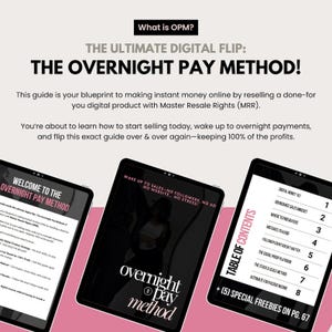Puede incluir: Tres tabletas muestran el texto "THE OVERNIGHT PAY METHOD!" y "What is OPM?" sobre un fondo rosa. Las tabletas muestran el título de la guía, la tabla de contenidos y un gráfico con el texto "WAKE UP TO SALES - NO FOLLOWERS, NO AD, NO WEBSITE... NO STRESS!"