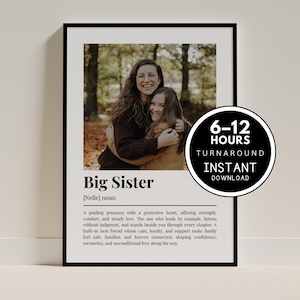May include: Framed print with a black border. The print features a photo of two women embracing, with the words "Big Sister" and a definition below. A circular graphic states "6-12 HOURS TURNAROUND INSTANT DOWNLOAD."